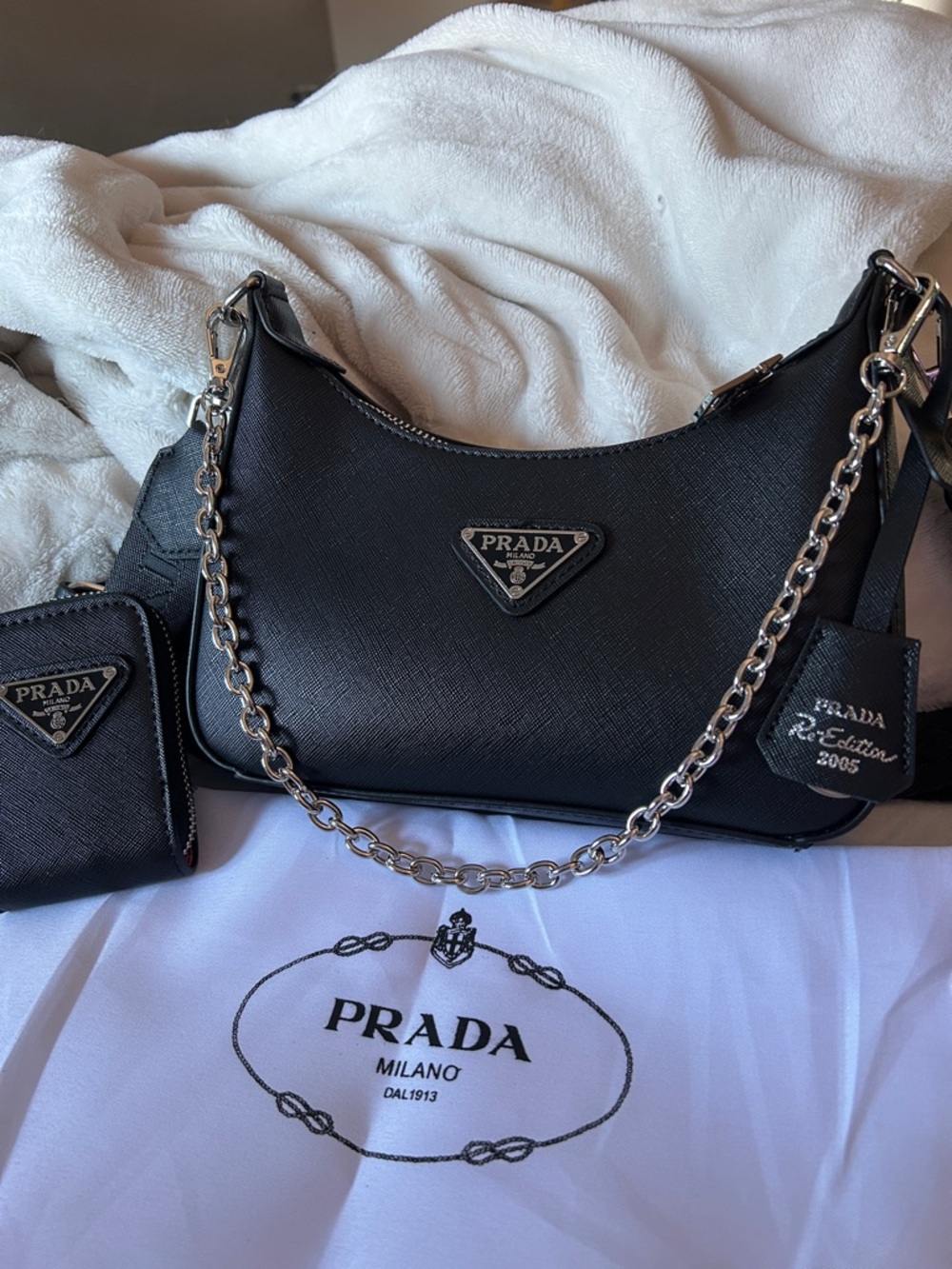 Prada Black Saffiano Leather Shoulder Bag with Silver Chain